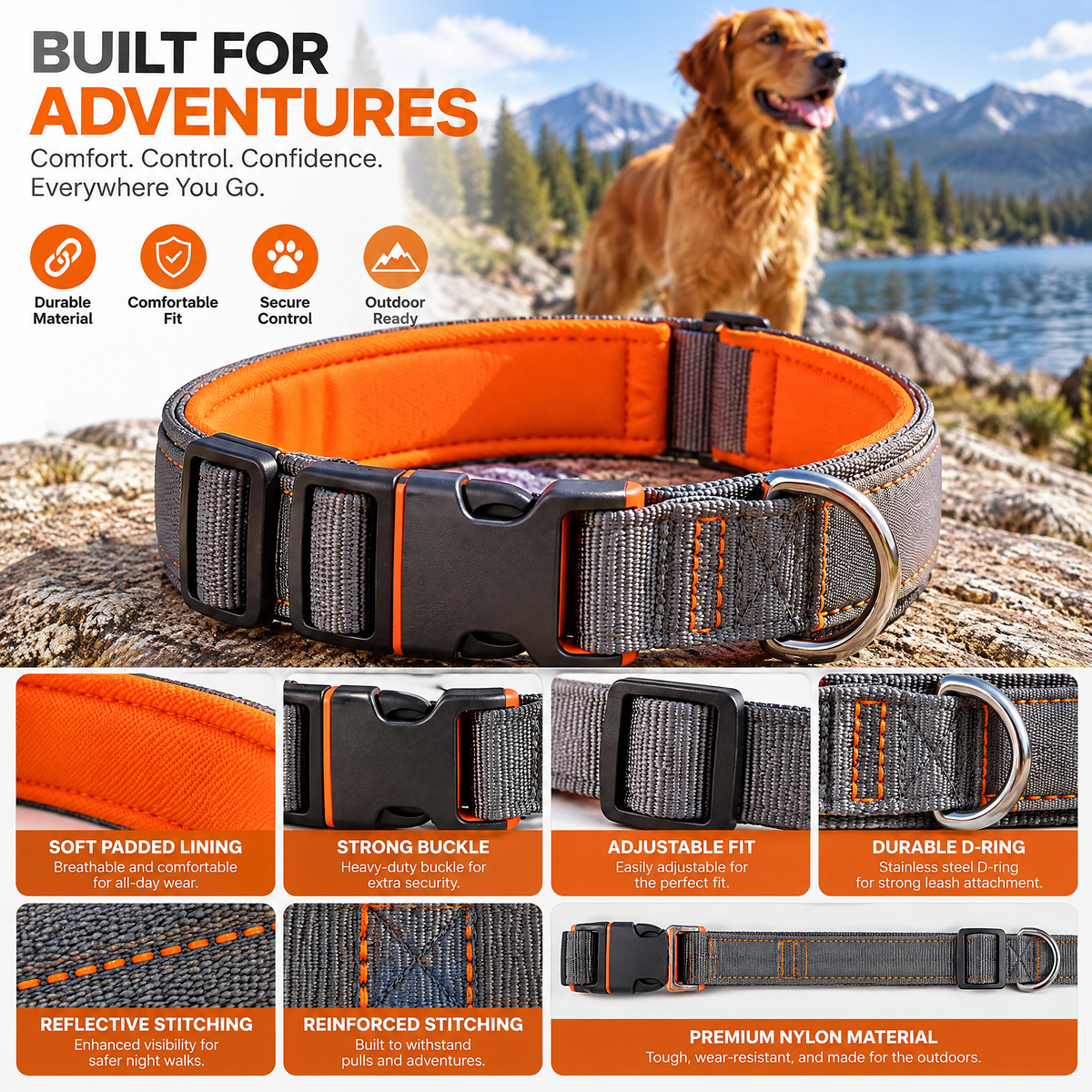 qivxunel Gray & Orange Padded Dog Collar — features and design details