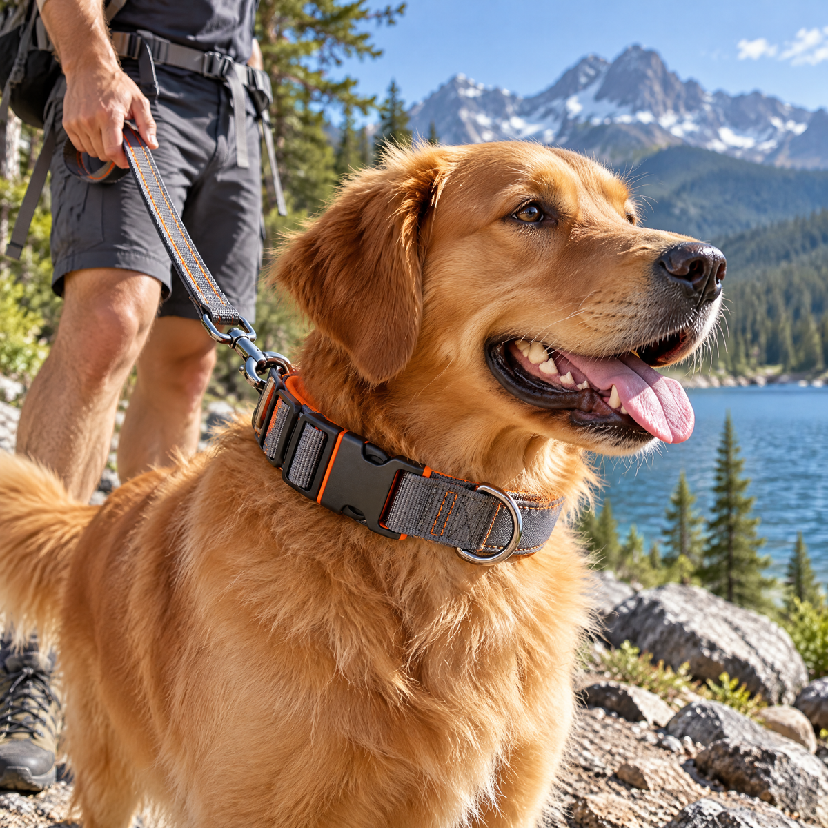 qivxunel Gray & Orange Padded Dog Collar — in use