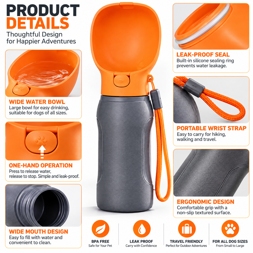 qivxunel Portable Dog Water Bottle with Drinking Cup — features and design details