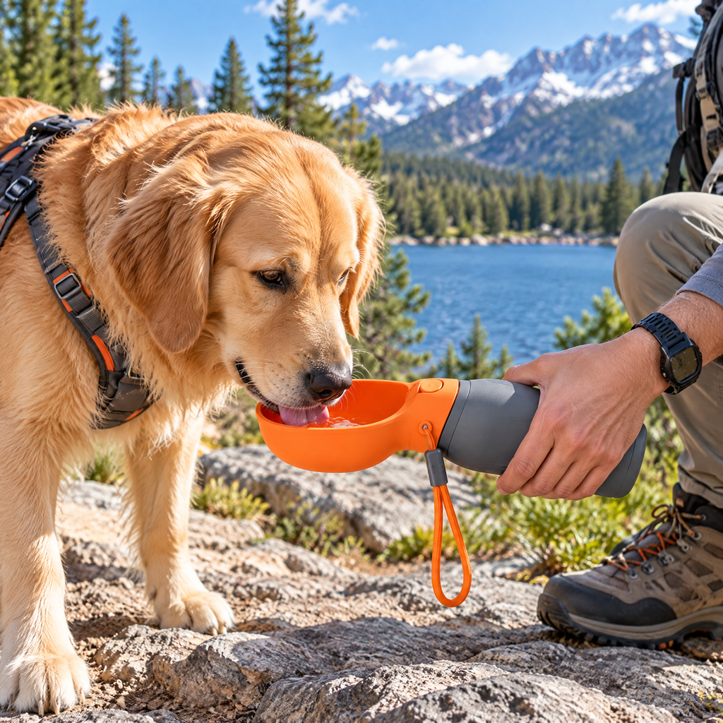 qivxunel Portable Dog Water Bottle with Drinking Cup — in use