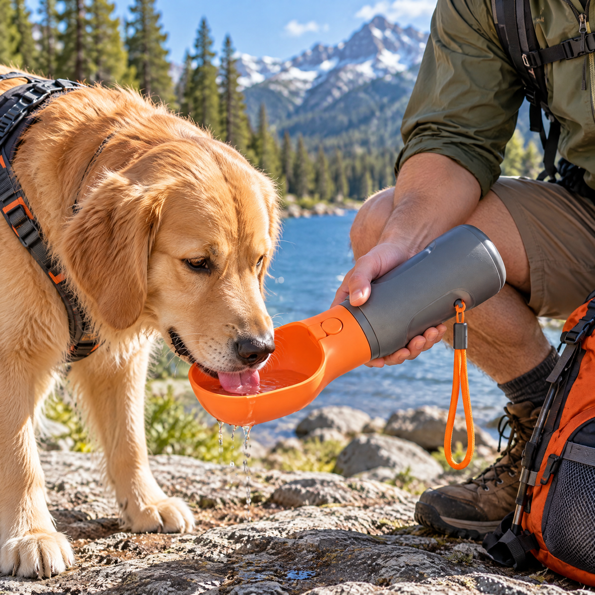 qivxunel Portable Dog Water Bottle with Drinking Cup — outdoor setting