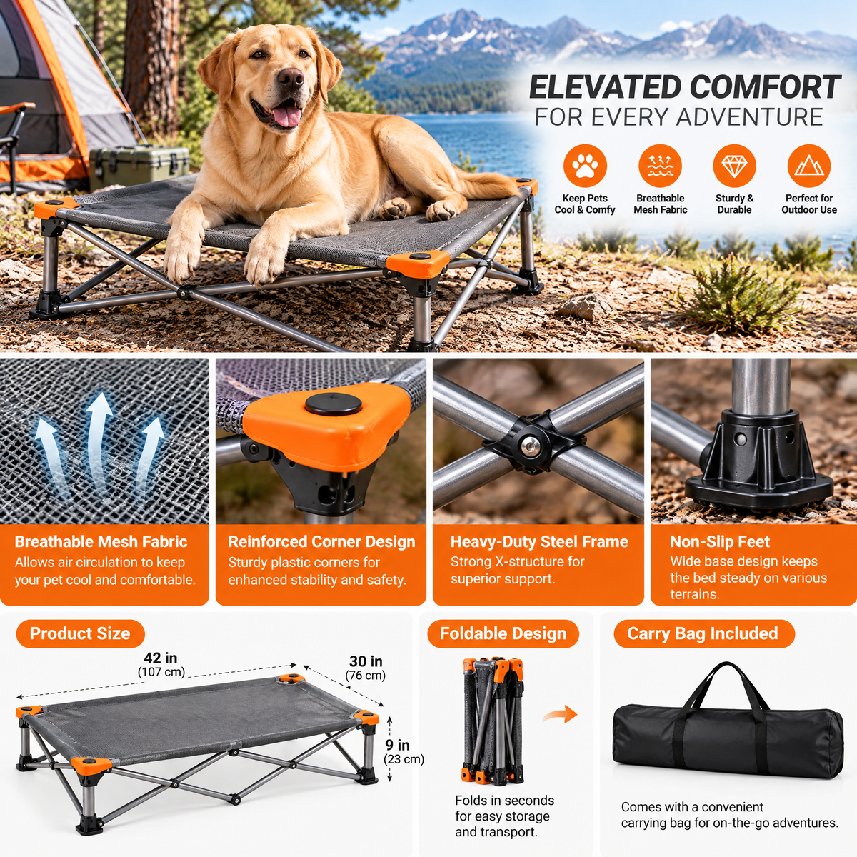 qivxunel Elevated Folding Dog Camping Cot — features and design details