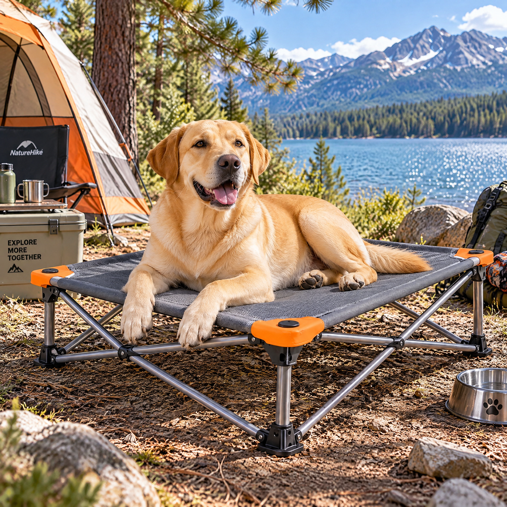 qivxunel Elevated Folding Dog Camping Cot — in use