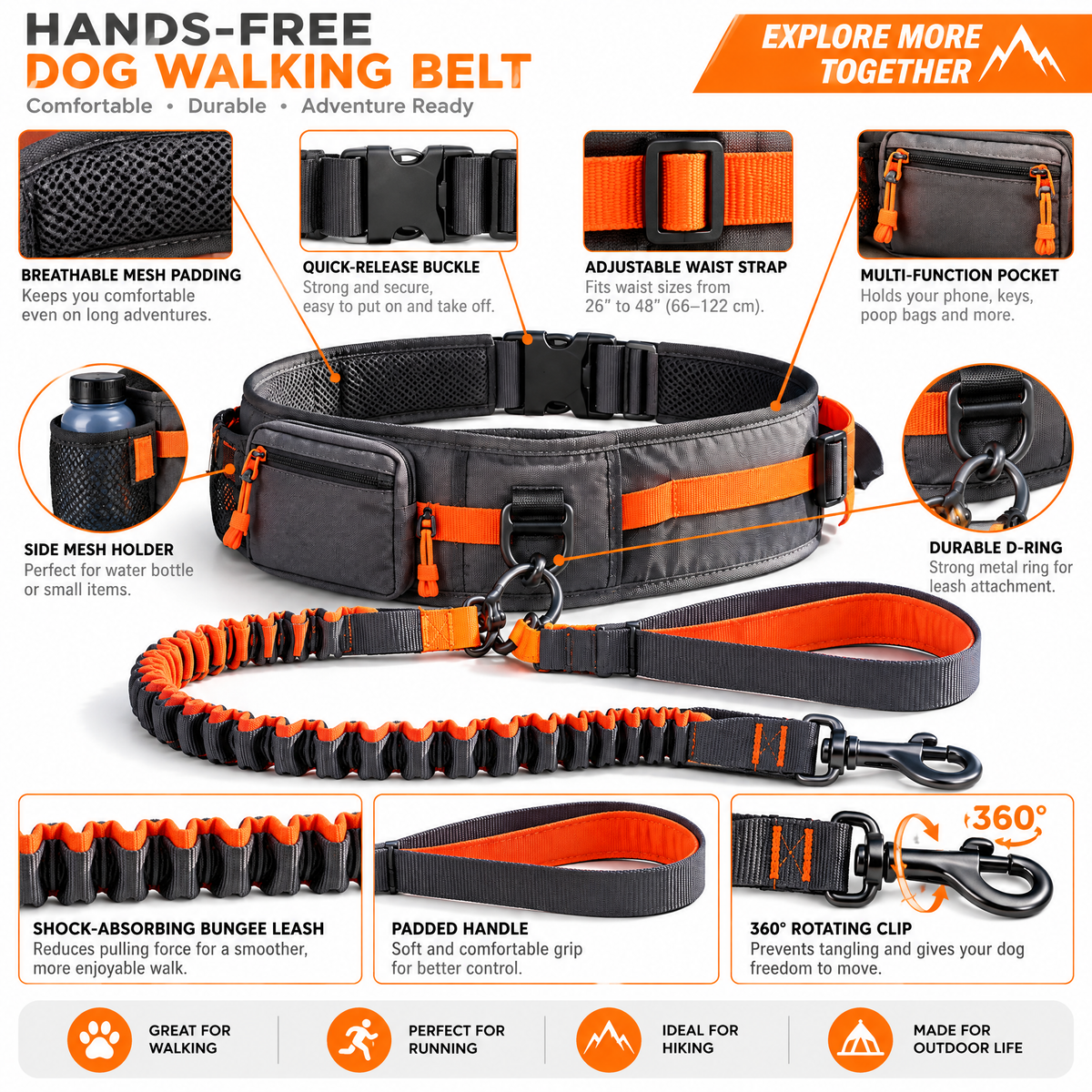 qivxunel Dog Walking Waist Belt & Bungee Leash Set — features and design details
