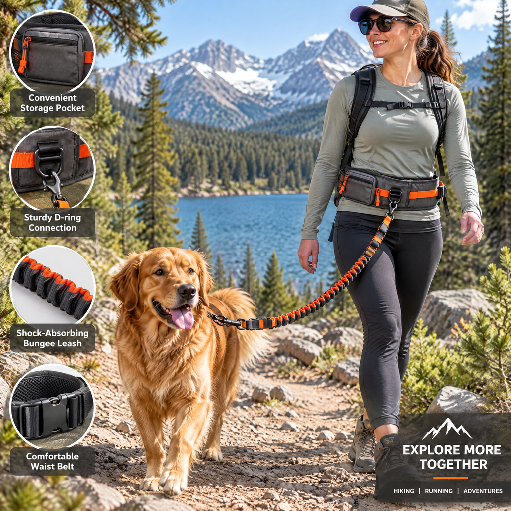 qivxunel Dog Walking Waist Belt & Bungee Leash Set — in use