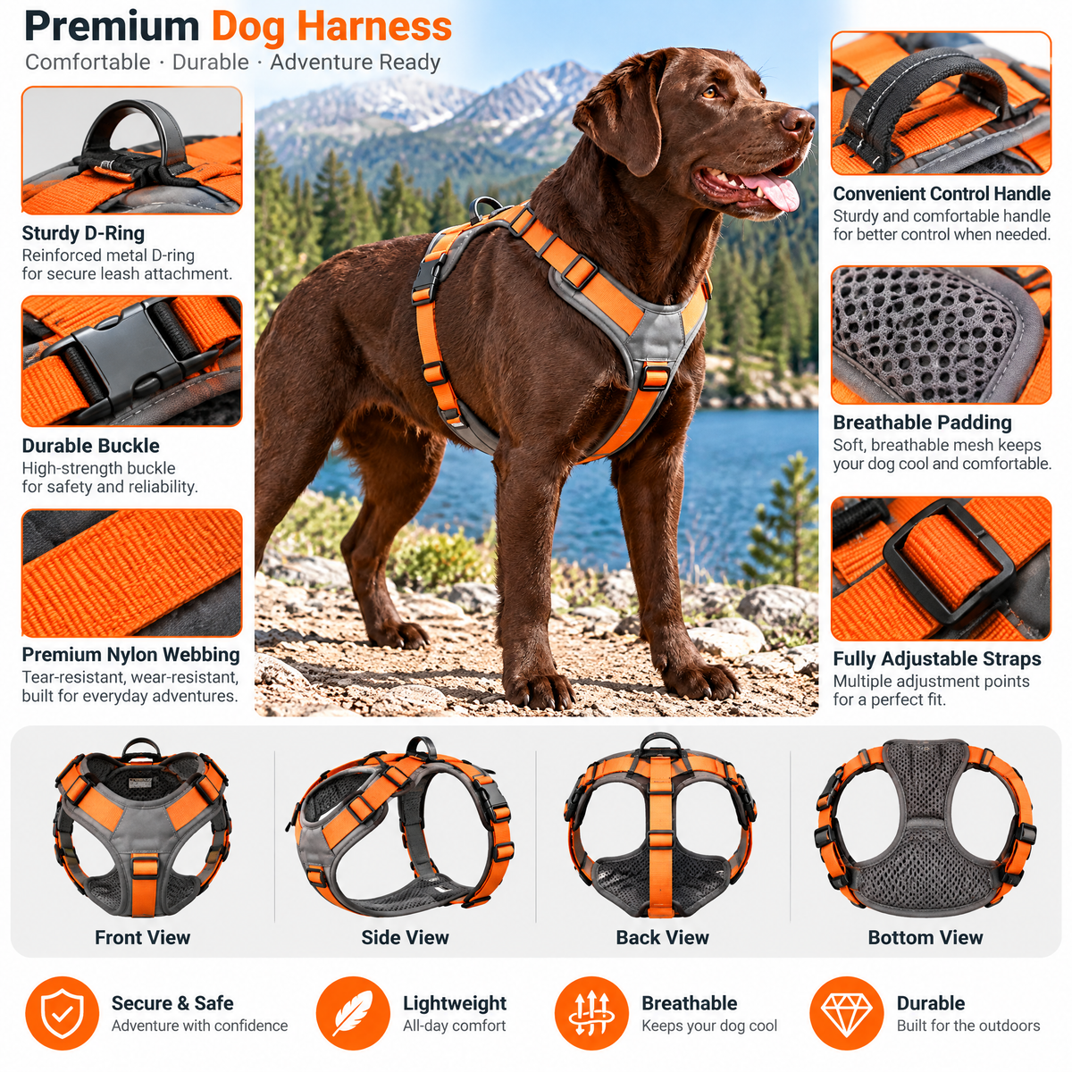qivxunel Gray & Orange Y-Front Dog Harness — features and design details