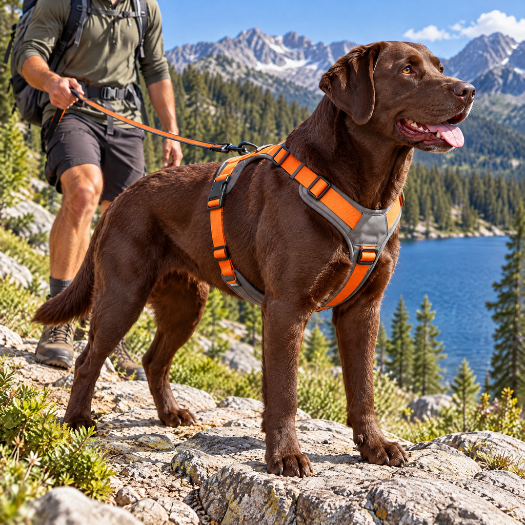 qivxunel Gray & Orange Y-Front Dog Harness — in use