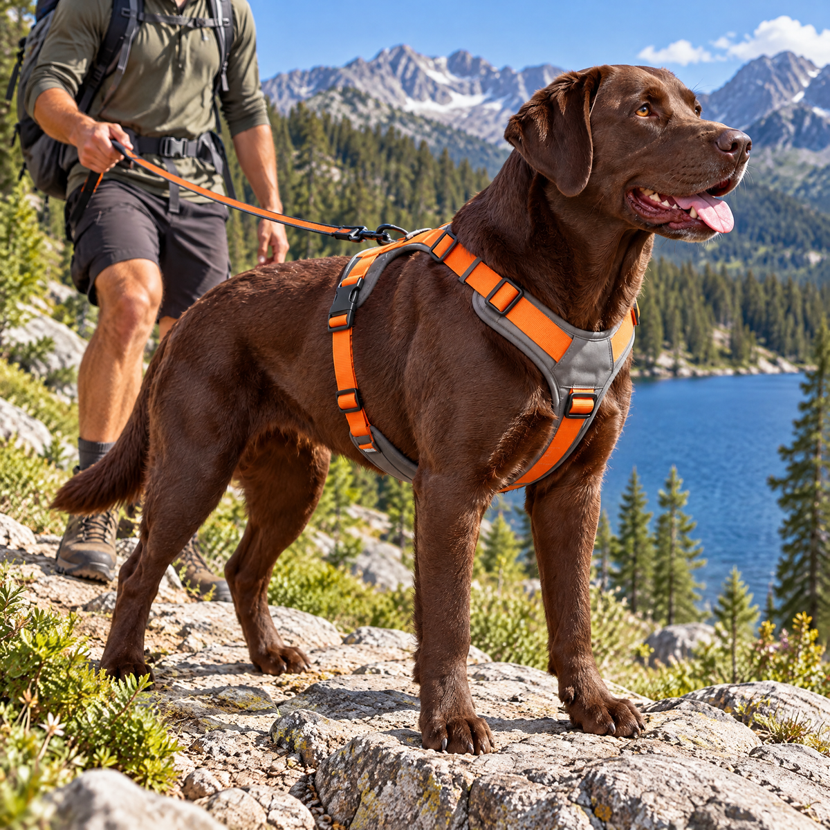 qivxunel Gray & Orange Y-Front Dog Harness — in use