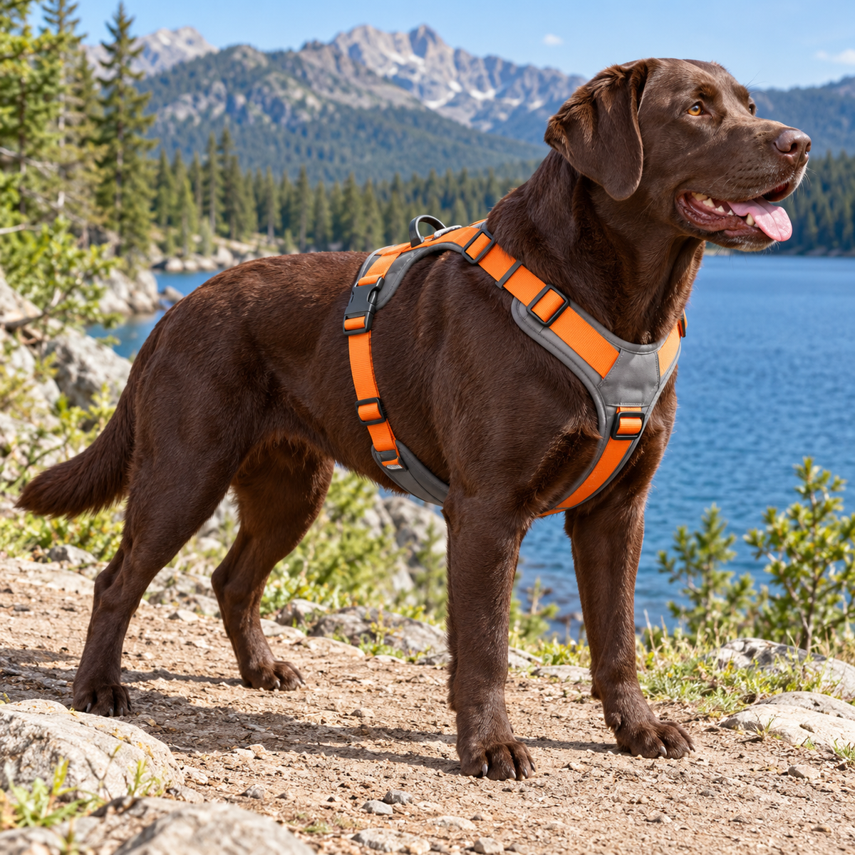 qivxunel Gray & Orange Y-Front Dog Harness — outdoor product scene