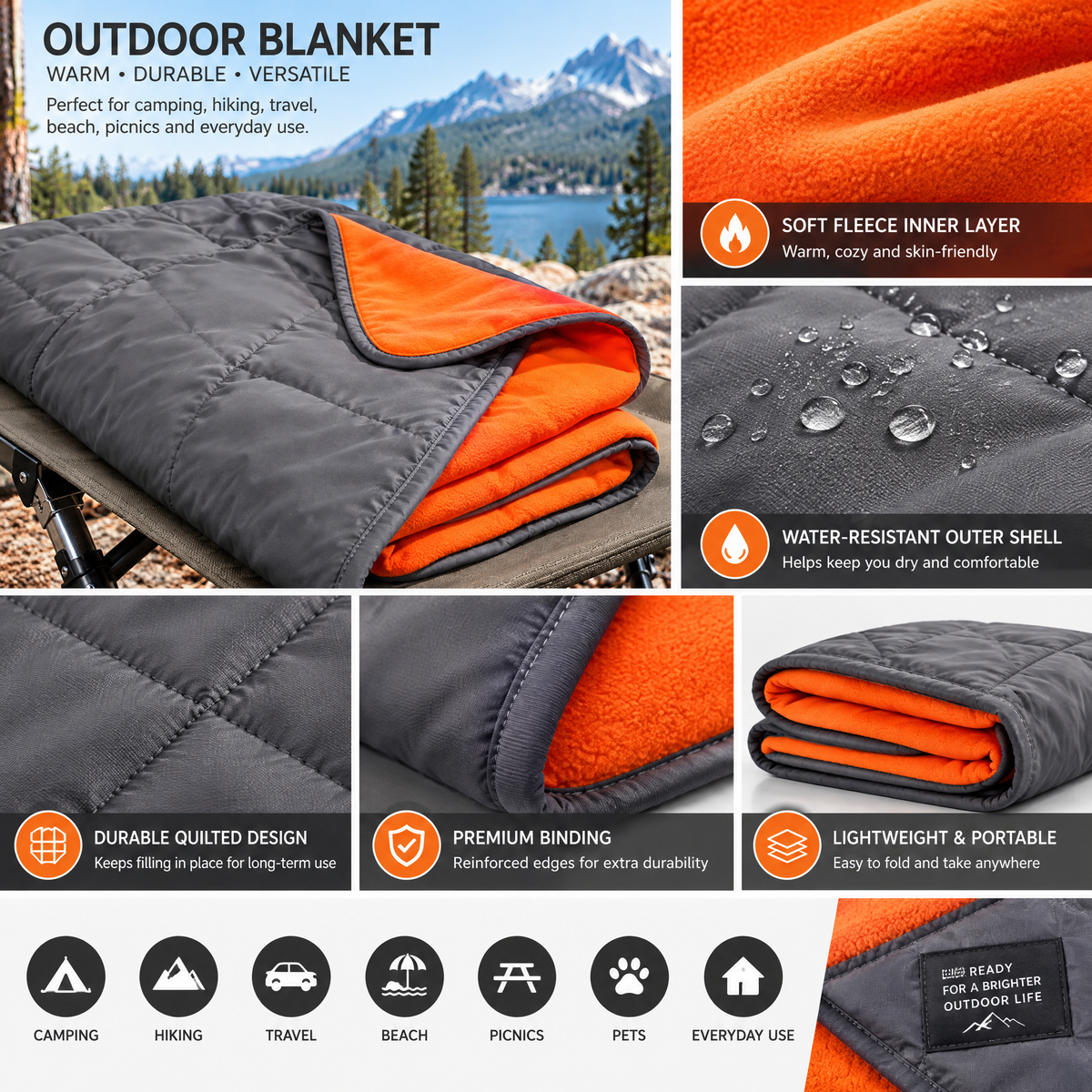 qivxunel Gray & Orange Quilted Dog Travel Blanket — features and design details