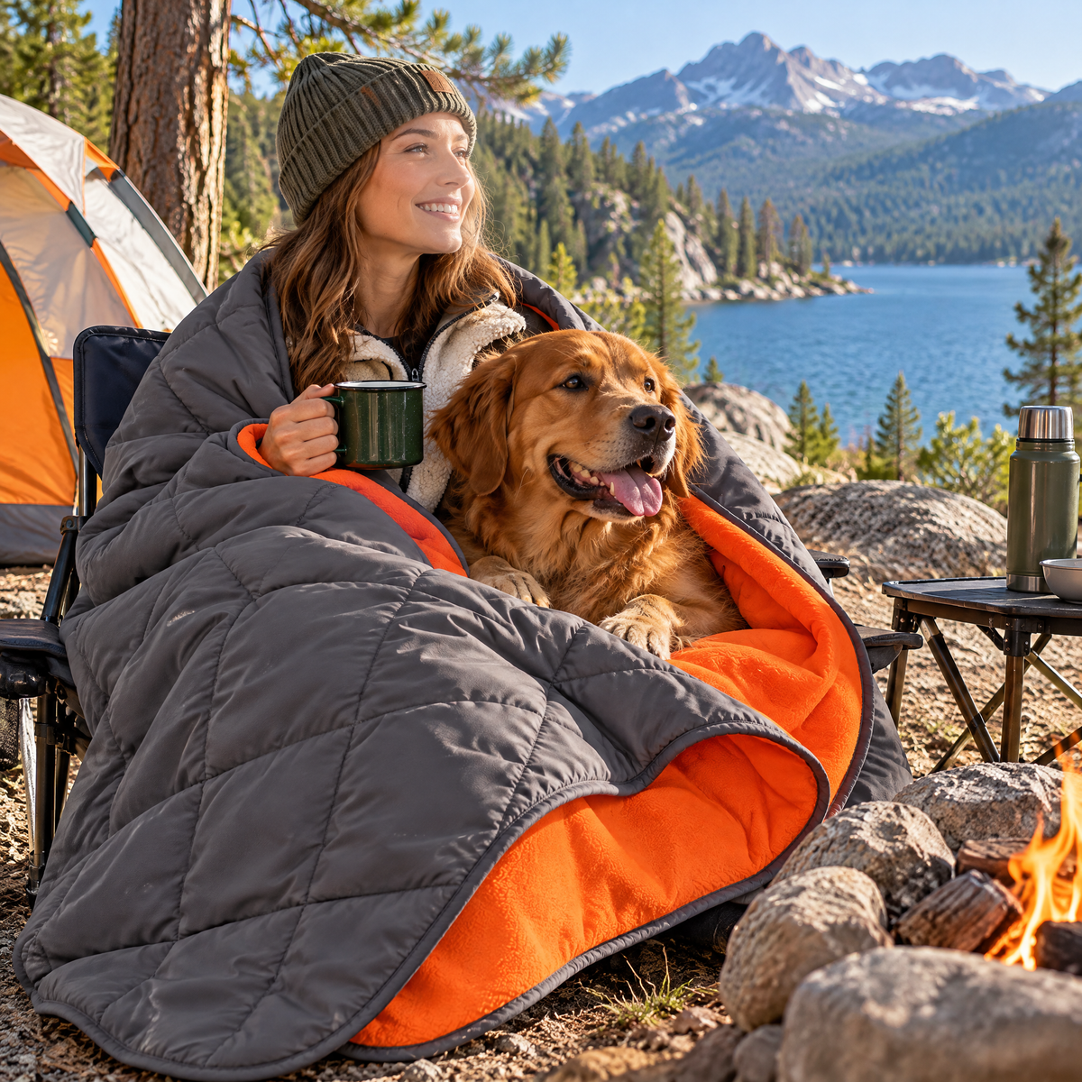 qivxunel Gray & Orange Quilted Dog Travel Blanket — in use