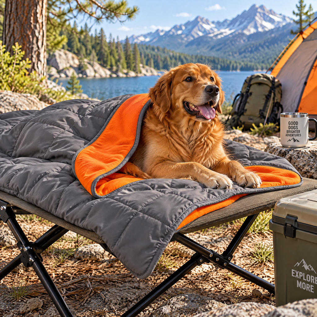 qivxunel Gray & Orange Quilted Dog Travel Blanket — outdoor setting