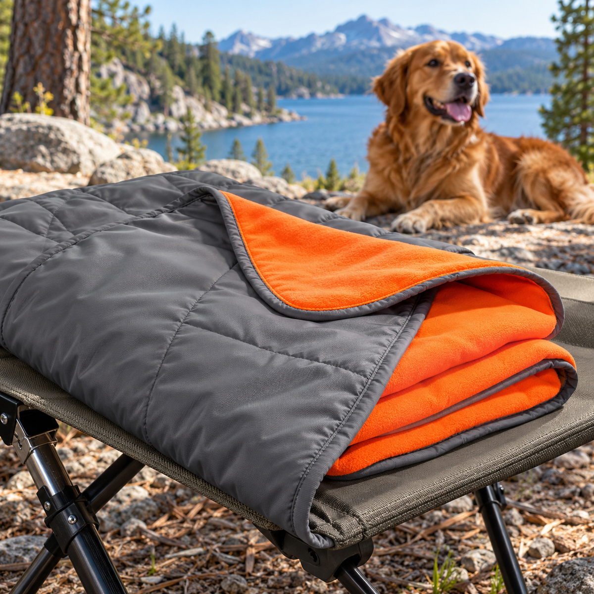 qivxunel Gray & Orange Quilted Dog Travel Blanket — outdoor product scene