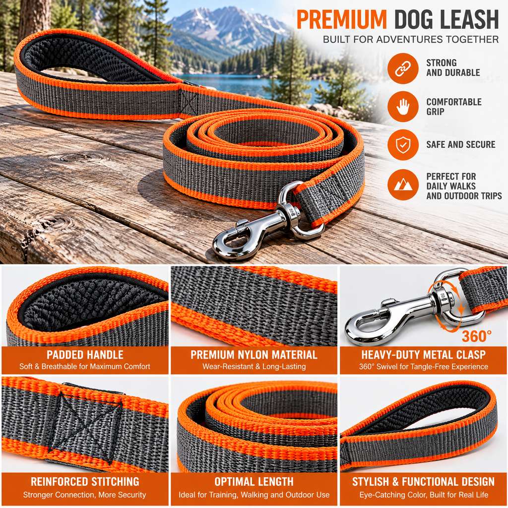 qivxunel Gray & Orange Padded-Handle Dog Leash — features and design details
