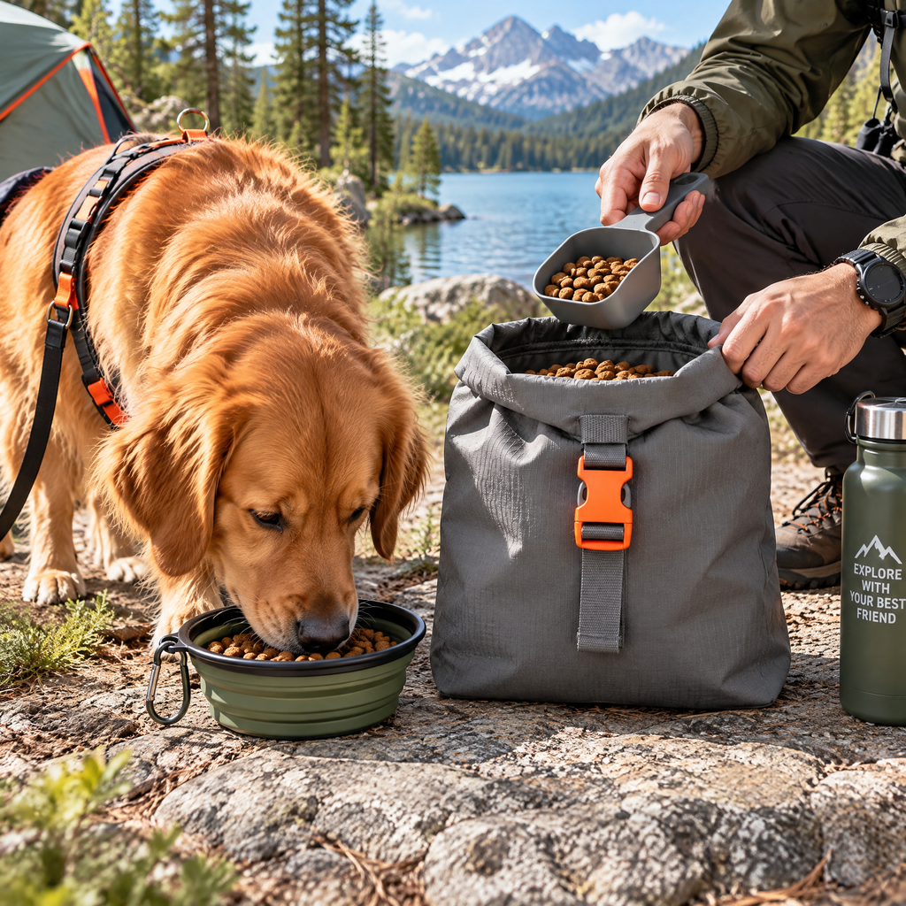 qivxunel Roll-Top Dog Food Travel Bag — in use