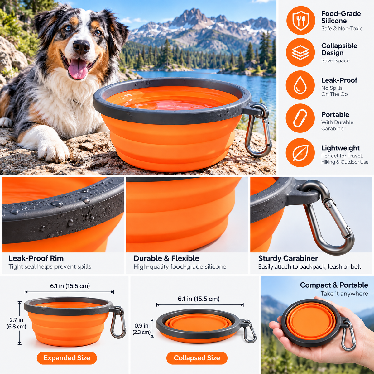 qivxunel Orange Collapsible Dog Travel Bowl — features and design details