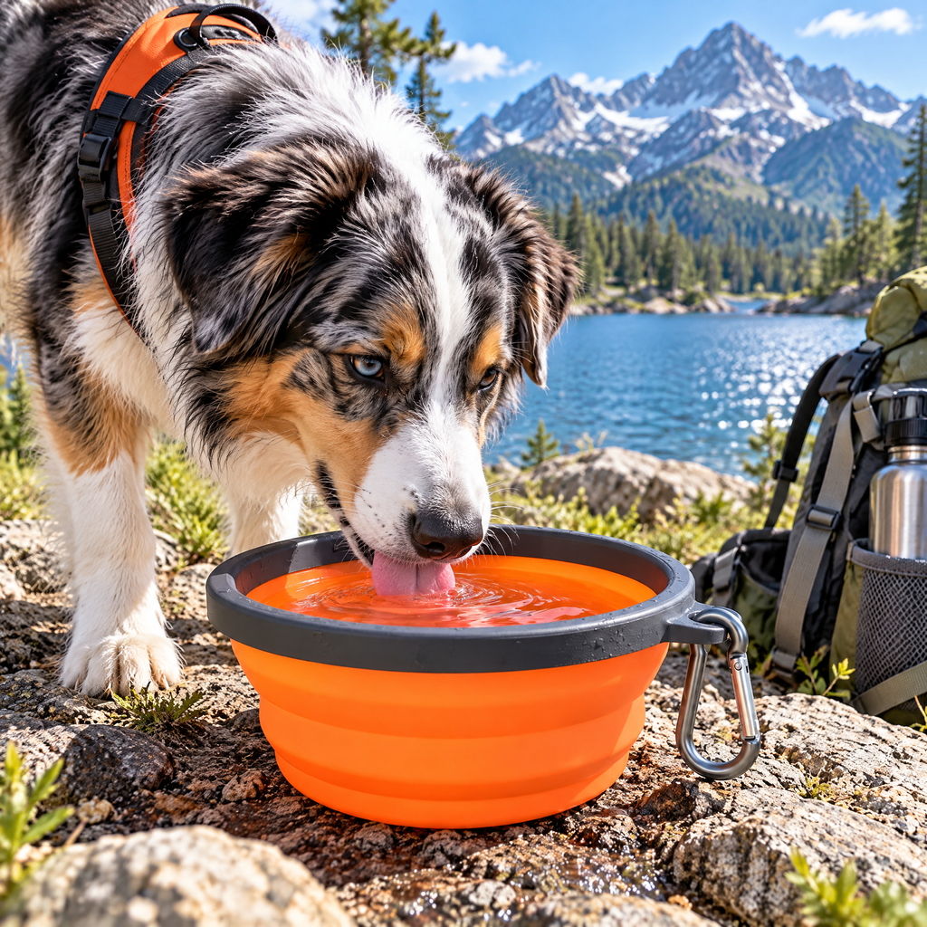 qivxunel Orange Collapsible Dog Travel Bowl — in use